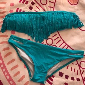 Never worn teal fringe bandeau bikini